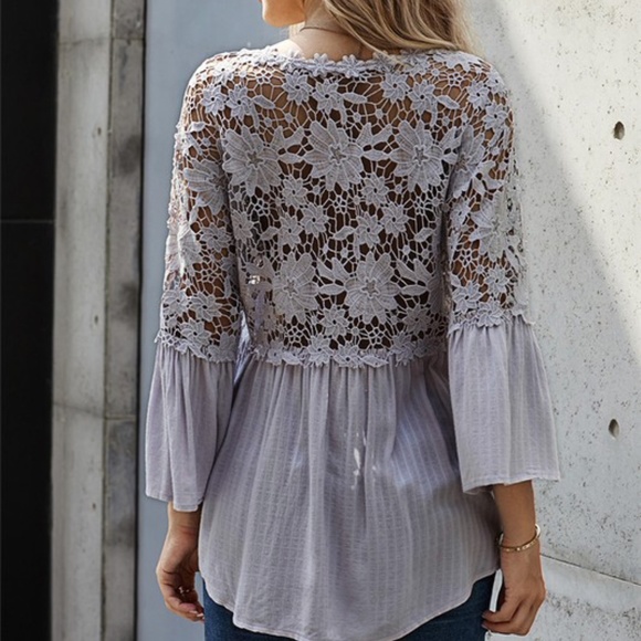 Boho Floral Crochet Button up Bell Sleeve Top - Picture 4 of 5
